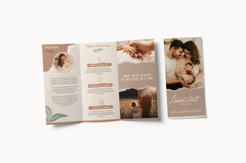 Two brochures next to each other, one is open to show the inside, with neutral colors and pictures of families