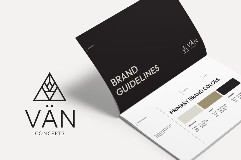 Un design de logo minimaliste et un guide de marque montrant les couleurs principales de la marque